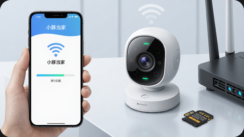 画面展示一部手机与智能摄像头正在进行配网操作,手机屏幕显示Wi-Fi连接界面与进度条,摄像头指示灯闪烁,旁边放置存储卡与路由器,整体风格为科技写实插画,布局清晰,色调冷静,细节丰富,画质干净,图片中带有“小豚当家”文字