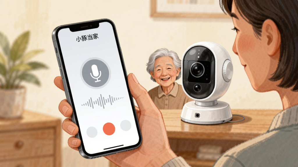 画面展示一位用户手持手机使用小豚当家应用进行语音对讲,手机屏幕显示麦克风图标与声波图形,另一端连接着家中的智能摄像头,摄像头旁有老人微笑回应,整体风格为温馨写实插画,色调温暖,细节清晰,画质干净,图片中带有“小豚当家”文字
