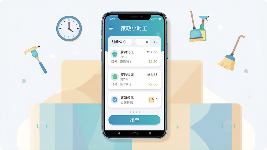 画面中央是一部竖屏安卓手机,手机屏幕上显示“家政小时工”应用的主界面,界面包含订单列表、时间筛选和接单按钮等元素,手机周围以简洁的浅色几何色块环绕,布局为居中对称构图,风格为扁平化现代UI插画,细节包括手机边框的高光、界面卡片的圆角与阴影、背景中的时钟与清洁工具小图标点缀,画质清晰干净,无多余元素