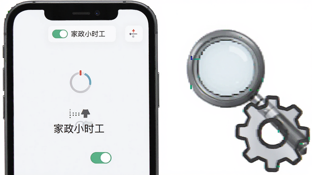 画面为一部手机屏幕显示“家政小时工”应用出现加载提示的界面,旁边放置一个放大镜与齿轮图标,布局为手机居左、图标居右的平衡构图,风格为简洁的故障排查示意图,细节包括屏幕上的加载转圈、权限开关小图标和“家政小时工”文字,画质干净清晰,无多余元素