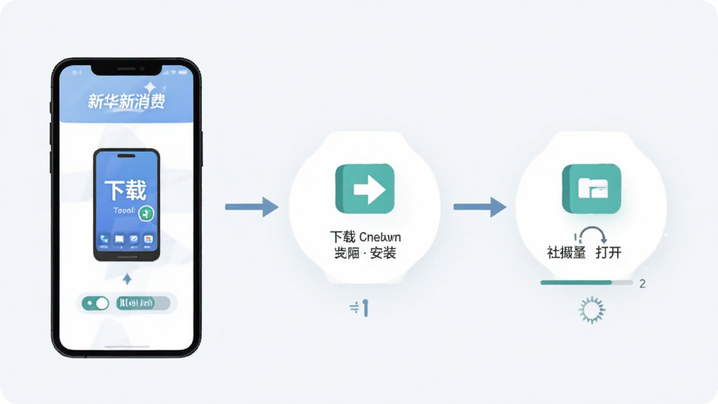 “新华新消费”移动端安装与使用步骤示意图,主体为手机屏幕与安装流程图标组合,布局从左至右展示下载、安装、打开三个环节,风格扁平化信息图,细节包含权限开关图标与加载进度条,画质清晰,干净,无多余元素