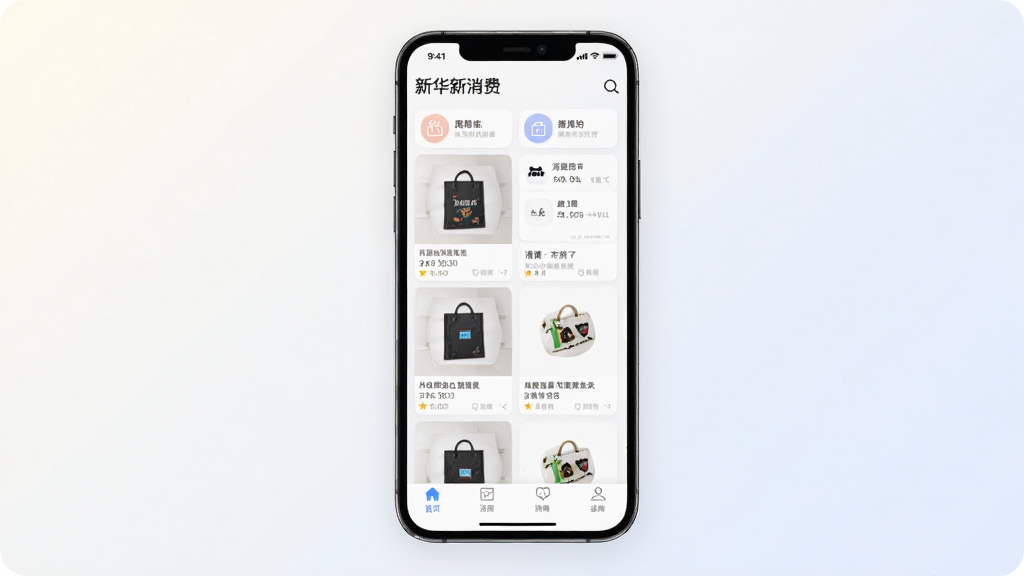 一款名为“新华新消费”的手机应用界面展示图,主体为手机屏幕居中放置,屏幕内呈现商品列表与消费资讯卡片布局,背景为浅色渐变,整体排版简洁大方,风格现代商务,细节包含商品缩略图、分类图标与底部导航栏,画质清晰,干净,无多余元素