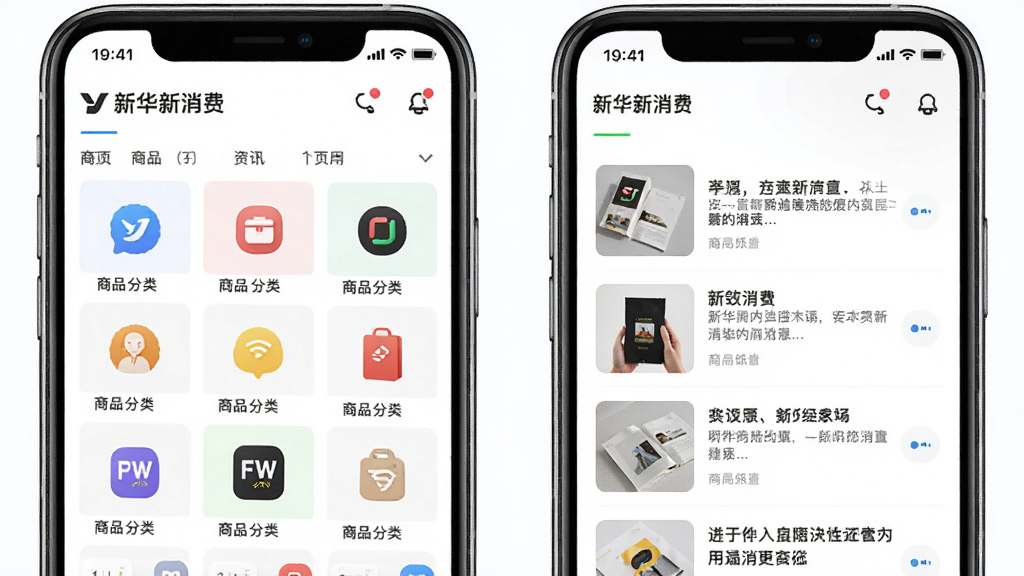 “新华新消费”应用内商品分类与资讯页面示意图,主体为两部手机并排展示,左侧屏幕为商品分类网格,右侧屏幕为资讯列表,布局对称整齐,风格清爽明亮,细节包含分类图标与资讯标题文字,画质清晰,干净,无多余元素