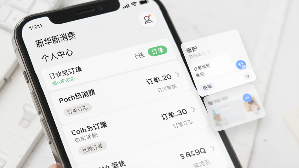 “新华新消费”个人中心与订单管理界面示意图,主体为手机屏幕特写,屏幕内展示订单列表与账户信息卡片,布局纵向排列,风格素雅简洁,细节包含订单状态标签与功能图标,画质清晰,干净,无多余元素