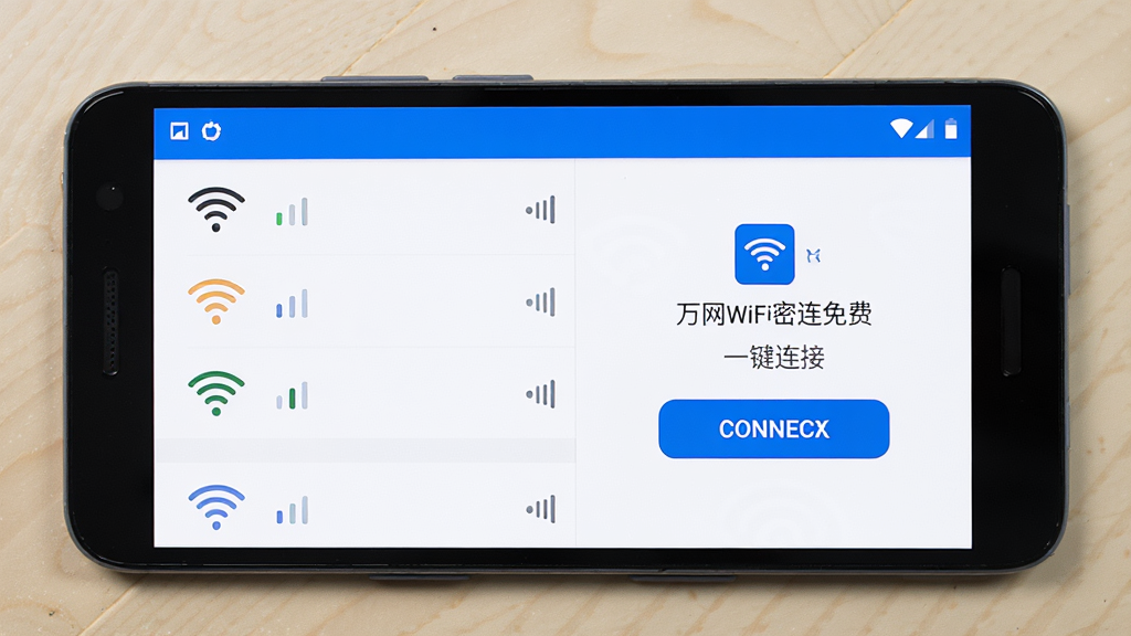 ����Ϊһ����׿�ֻ���Ļ��ʾ����WiFi������ѵ����ӽ��棬����Ϊ�ֻ����з�����ǳɫ���棬�Ű�������ҷ������չʾWiFi�ź��б��Ҳ�չʾһ�����Ӱ�ť�����Ϊ��ˬ�Ƽ��б�ƽ����ƣ�ϸ�ڰ����źŸ�ͼ�ꡢ��ɫ���Ӱ�ť�����״̬�������ʸ���ɾ��޶���Ԫ��