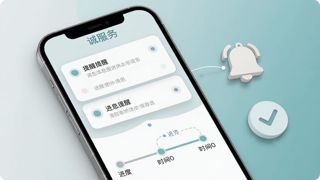 主体为手机屏幕展示消息提醒列表与进度跟踪时间轴,旁边配有铃铛与对勾图标;“诚服务”字样出现在页面顶部;布局采用上下分层结构,上方为提醒卡片,下方为进度节点;风格为柔和浅灰与蓝绿色调搭配;细节包括圆形状态点、细线连接与轻量阴影;画质高清、干净、无多余元素