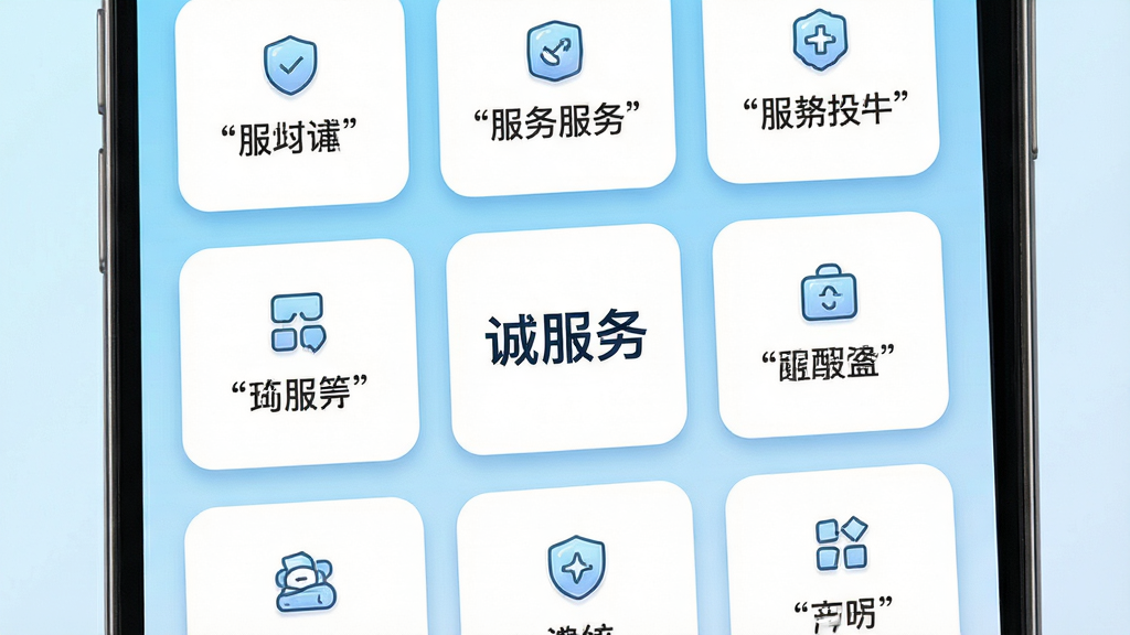主体为一部手机屏幕内呈现多个整齐排列的服务卡片与功能图标,形成一站式入口的视觉意象;布局采用九宫格卡片式排布,中心突出“诚服务”标识;排版上卡片之间留白均匀,标题文字清晰;风格为清新浅蓝渐变背景搭配白色圆角卡片;细节包括细腻的图标描边、柔和投影与浅色分隔线;画质高清、干净、无多余元素