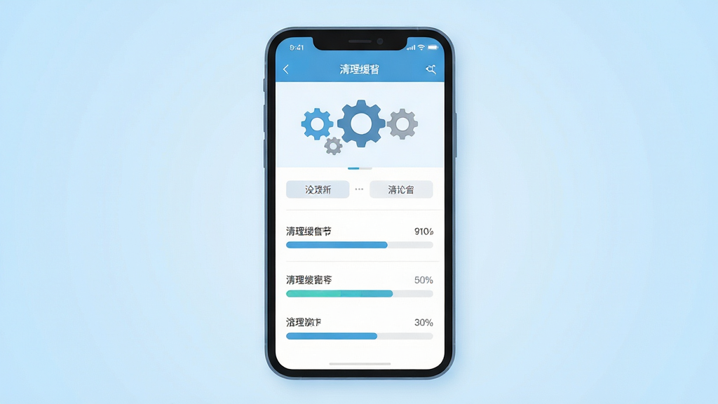 手机应用问题排查场景示意图,主体为一部智能手机居中,屏幕显示设置与清理缓存界面,排版简洁,风格为科技感扁平设计,细节包含齿轮图标与进度条元素,画质高清干净,背景为浅蓝渐变,无多余元素