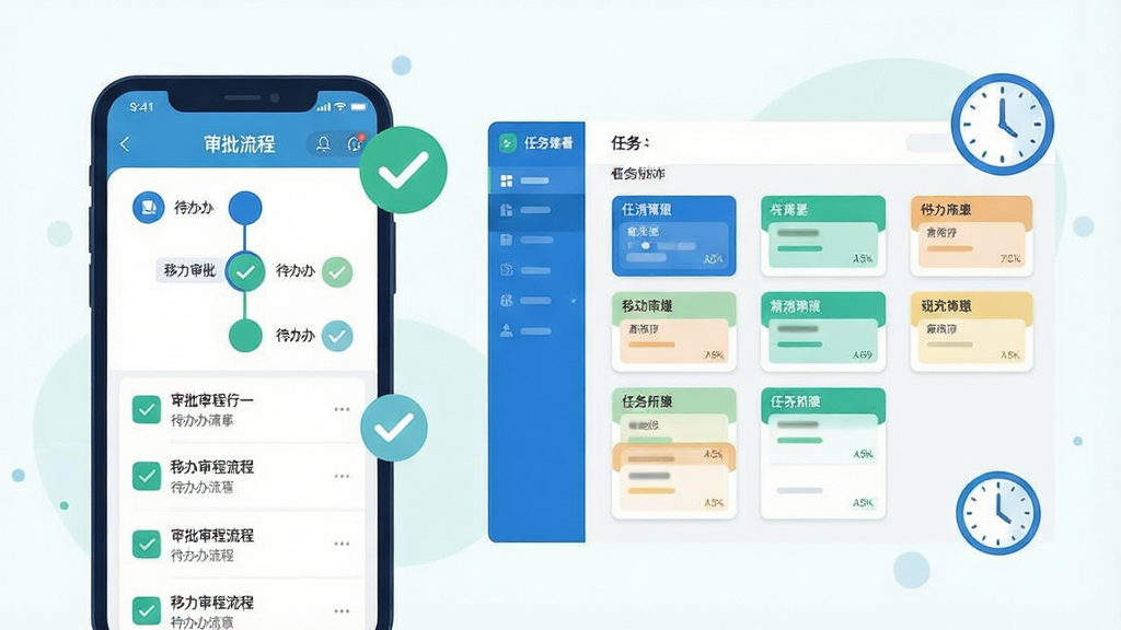 一张展示移动审批与任务协作的图片,画面左侧为手机界面显示审批流程节点与待办列表,右侧为任务看板视图,卡片按状态分列排布,画面中漂浮对勾图标与时钟图标,整体采用清爽浅色风格,蓝绿配色,扁平插画质感,构图均衡,画质清晰,背景干净无多余元素
