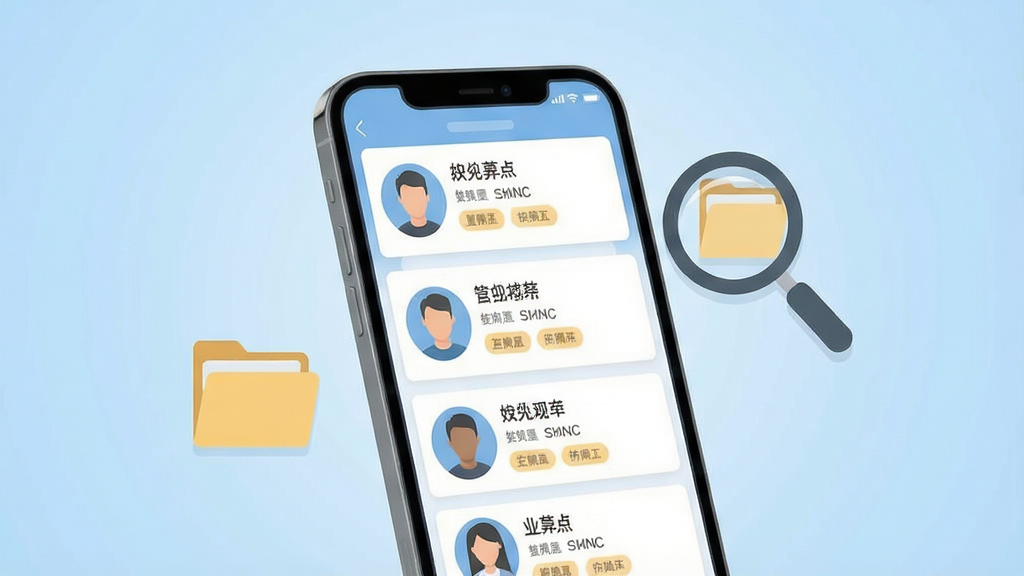 一张表现客户档案管理功能的界面示意图,画面主体为一部手机,手机屏幕展示排列整齐的客户信息卡片列表,每张卡片包含头像、姓名与标签信息,手机旁边漂浮放大镜与文件夹图标,背景为浅蓝色渐变,风格简洁现代,扁平化设计,画质清晰,文字内容以占位条形式呈现,画面干净无杂乱元素