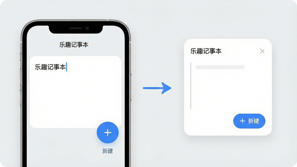 一张表现乐趣记事本快速新建笔记功能的示意图,画面左侧为手机屏幕特写,屏幕上显示一个简洁的文本输入框和悬浮新建按钮,右侧用箭头引导至一条已保存的笔记卡片,布局为左右对比式排版,风格为现代UI展示风,细节包含圆角卡片、浅灰底色和蓝色强调按钮,画质清晰干净,屏幕上可带“乐趣记事本”应用名称,无多余元素