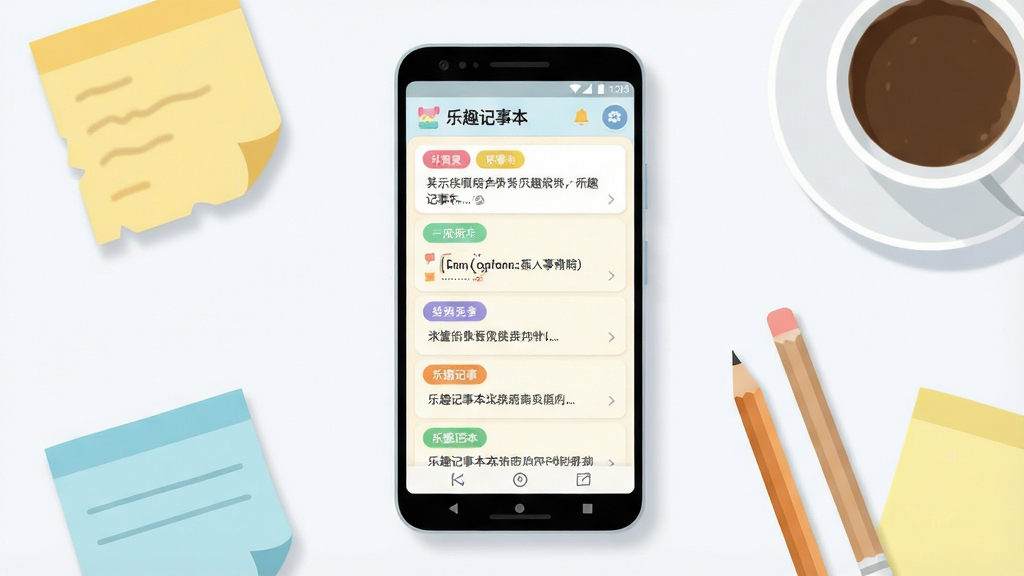 一张展示乐趣记事本手机应用界面的场景图,画面中央是一部竖屏安卓手机,屏幕上显示浅色背景的记事列表页面,包含若干彩色标签分类和文字条目,手机周围散落着便签纸、铅笔和一杯咖啡,布局采用居中构图,风格为清爽扁平化插画,细节包括柔和的阴影和圆角图标,画质清晰干净,画面中可出现“乐趣记事本”字样,整体无多余装饰元素