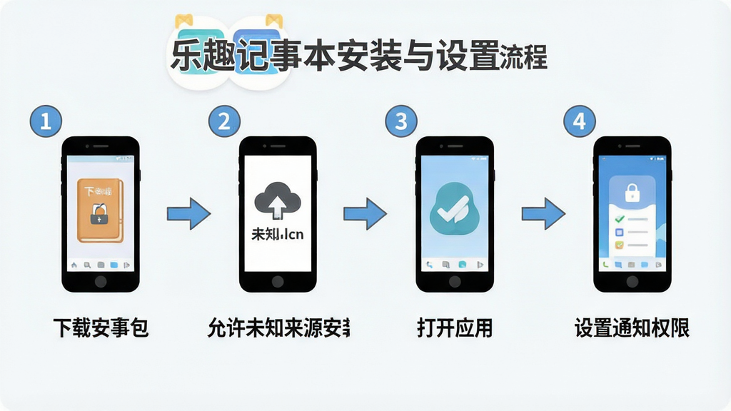 一张展示乐趣记事本安装与设置流程的示意图,画面以流程图形式呈现,从左到右依次为下载安装包、允许未知来源安装、打开应用、设置通知权限四个步骤,每个步骤配手机小图标和简短文字标注,布局为横向流程排版,风格为简洁信息图风,细节包含箭头连接、步骤编号和浅色背景,画质清晰干净,画面中可出现“乐趣记事本”名称,无多余元素