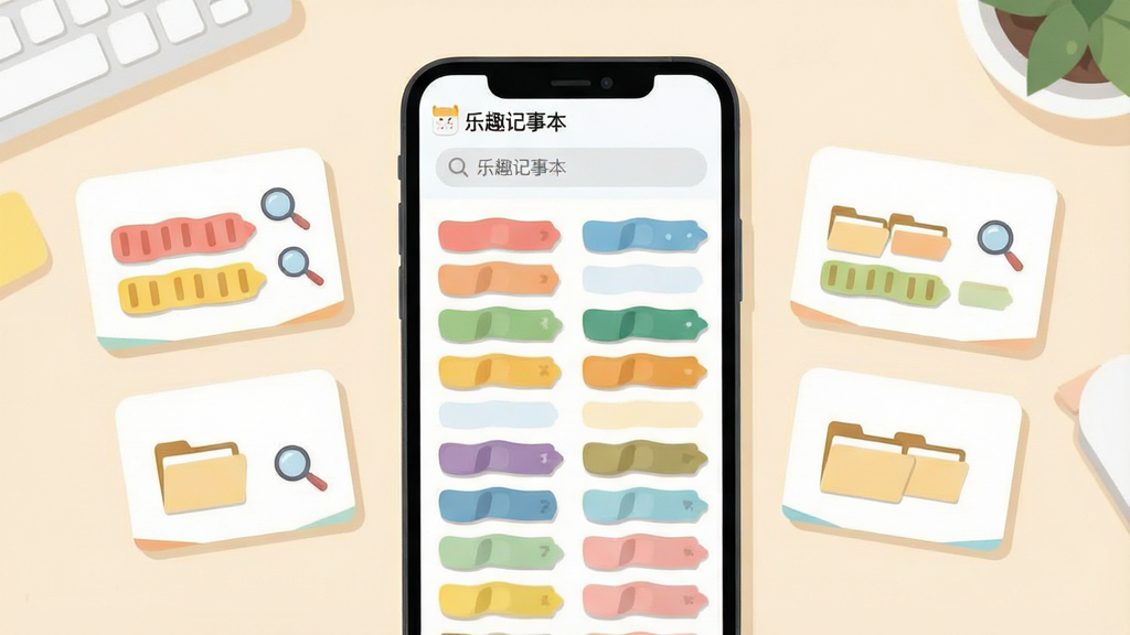 一张展示乐趣记事本标签分类与搜索功能的场景图,画面主体为一部手机屏幕,屏幕上呈现多色标签分组和顶部搜索栏,背景为浅色桌面,布局采用手机居中加两侧浮动标签卡片的形式,风格为清新扁平插画风,细节包括彩色标签条、放大镜图标和分类文件夹,画质干净清晰,画面中可出现“乐趣记事本”文字标识,无杂乱装饰