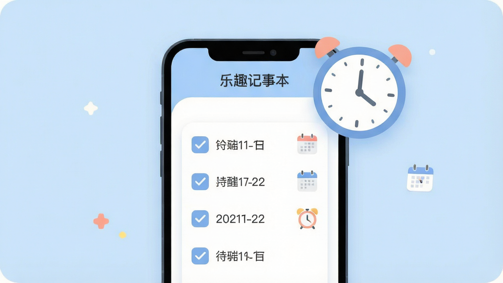 一张表现乐趣记事本待办提醒功能的示意图,画面中央为手机界面展示待办清单和闹钟图标,清单条目带有勾选框和日期标注,布局为居中构图配合悬浮的时钟元素,风格为柔和圆角扁平风,细节包含对勾标记、日历图标和浅蓝色背景,画质清晰干净,屏幕上可显示“乐趣记事本”字样,整体简洁无多余元素