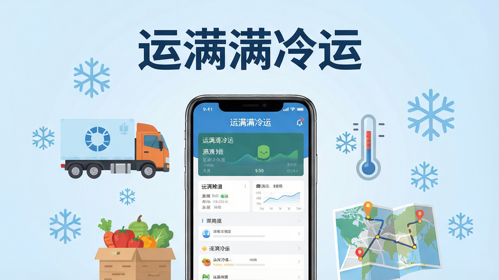 一张展示运满满冷运软件核心全貌的宣传图,画面中央是手机屏幕显示运满满冷运APP界面,屏幕上方有醒目的“运满满冷运”文字标识,屏幕周围环绕冷链运输元素包括冷藏货车、温度计图标、雪花符号、生鲜食品箱和路线地图,背景为干净的浅蓝色渐变,整体采用扁平化科技风格,布局居中对称,细节清晰,画质高清,干净无多余元素