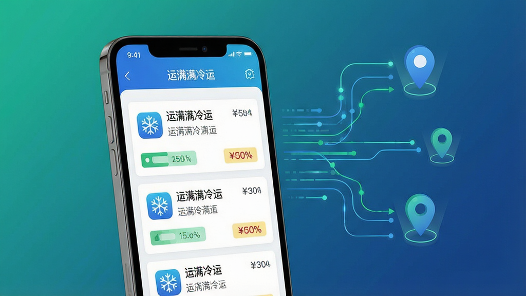 一张展示运满满冷运智能匹配功能的生图,画面主体为一部智能手机,屏幕中显示“运满满冷运”APP的货源列表界面,界面中有多条货源信息卡片和匹配度百分比标识,手机旁边漂浮着数据流线条和定位图标,布局为手机居中偏左、数据元素环绕右侧,风格为现代科技扁平化,细节包括货源卡片上的冷链图标和价格标签,画质高清,干净无多余元素