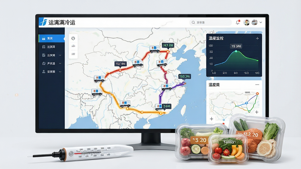一张展示运满满冷运冷链运输可视化功能的生图,画面主体为一块宽屏显示屏,屏幕中显示“运满满冷运”运输轨迹地图界面,地图上有移动的冷藏车图标和温度监控曲线图,屏幕前方放置一个温度计模型和几个生鲜食品包装盒,布局为显示屏居中偏上、实物元素置于下方,风格为商务科技风,细节包括地图上的路线高亮和温度数值标注,画质高清,干净无多余元素