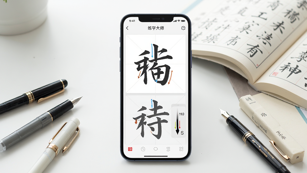 一幅展示练字大师软件界面的场景图,画面中央是一台竖屏智能手机,手机屏幕上显示练字大师APP的练字界面,界面中有米字格、描红字帖和笔顺动画演示区域,手机周围散落着几支硬笔和一本翻开的字帖,背景是整洁的书桌桌面,光线明亮柔和,整体风格清新简约,画质清晰干净,无多余元素
