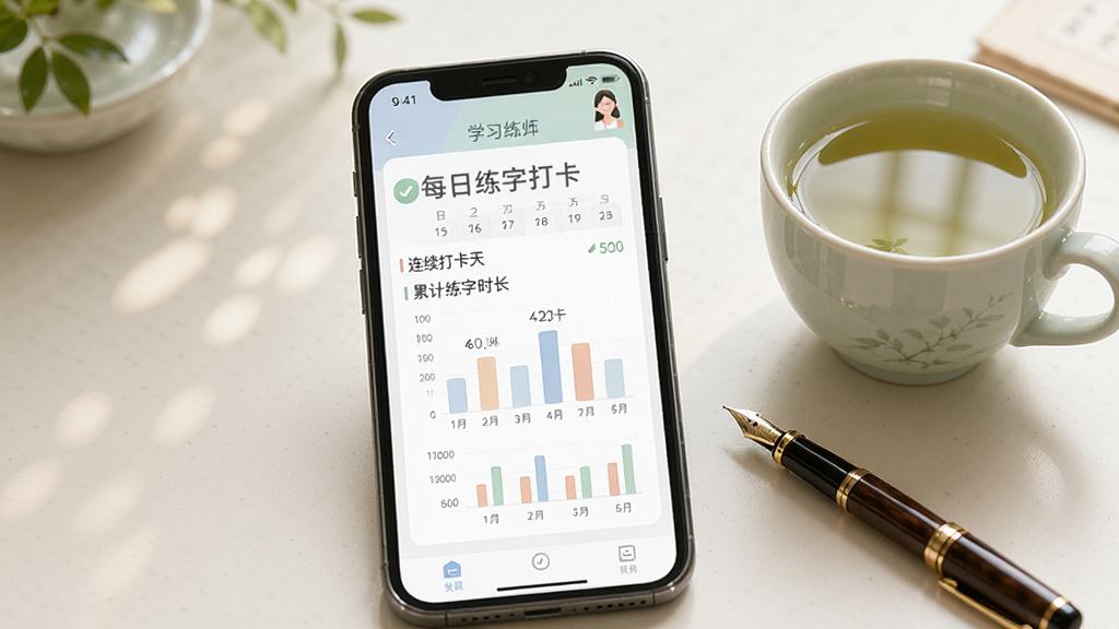 练字大师软件学习报告界面图,手机屏幕显示每日练字打卡日历和进度统计图表,有连续打卡天数和累计练字时长数据,界面配色柔和,旁边放着一杯茶和一支钢笔,整体氛围安静舒适,画质干净清晰