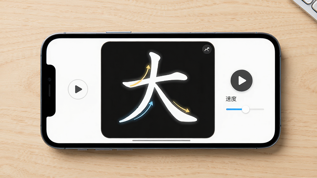 练字大师软件功能展示图,画面中一部手机横屏放置,屏幕显示汉字笔顺动画演示界面,一个汉字正在被逐笔书写,笔画带有高亮轨迹,旁边有播放控制按钮和速度调节滑块,背景为浅色木质桌面,风格简洁明快,画质清晰,无杂乱元素
