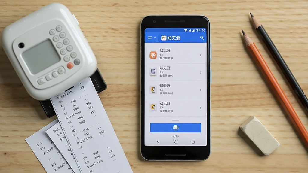 画面中央放置一部安卓手机,手机屏幕显示知无涯应用主界面,界面中有错题列表与打印按钮,手机左侧摆放一台小型错题打印机与几张打印好的错题纸条,右侧散落铅笔与橡皮,背景为浅木色书桌桌面,布局为俯视平铺构图,风格为清新写实产品摄影,细节包含纸张纹理与屏幕反光,画质清晰干净,无多余装饰元素