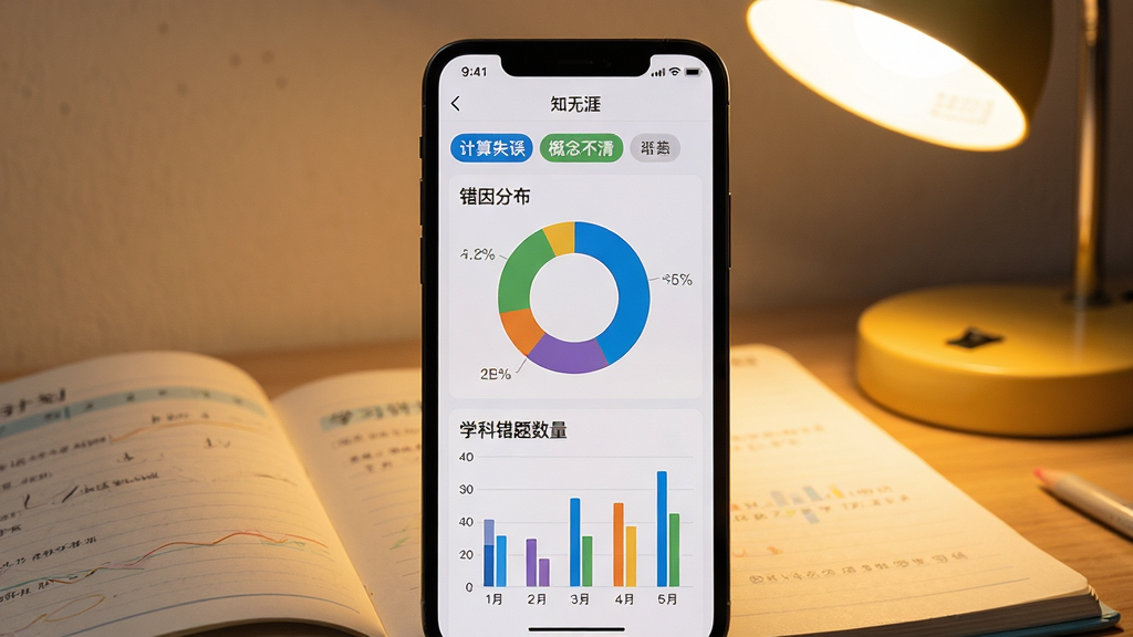 知无涯应用统计页面截图风格画面,手机屏幕显示错因分布环形图与学科错题数量柱状图,屏幕上方有「计算失误」「概念不清」等标签,手机放在一本打开的学习计划本上,背景为暖色台灯光线,布局为手机竖屏居中,风格为数据可视化写实界面,细节包含图表色彩区分与标签文字,画质清晰干净,无多余元素