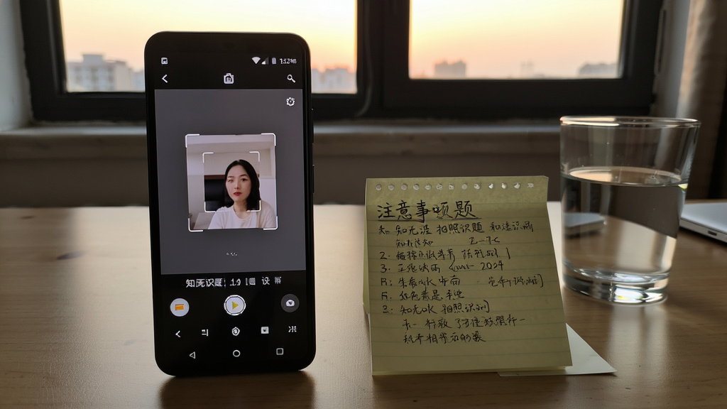 一部安卓手机放置在书桌上,屏幕显示知无涯拍照识题界面,旁边有一张写满注意事项的便签纸与一杯水,背景为傍晚窗边光线,布局为手机与便签左右呼应,风格为生活化学习场景,细节包含屏幕取景框与便签上的手写字迹,画质清晰干净,无多余元素