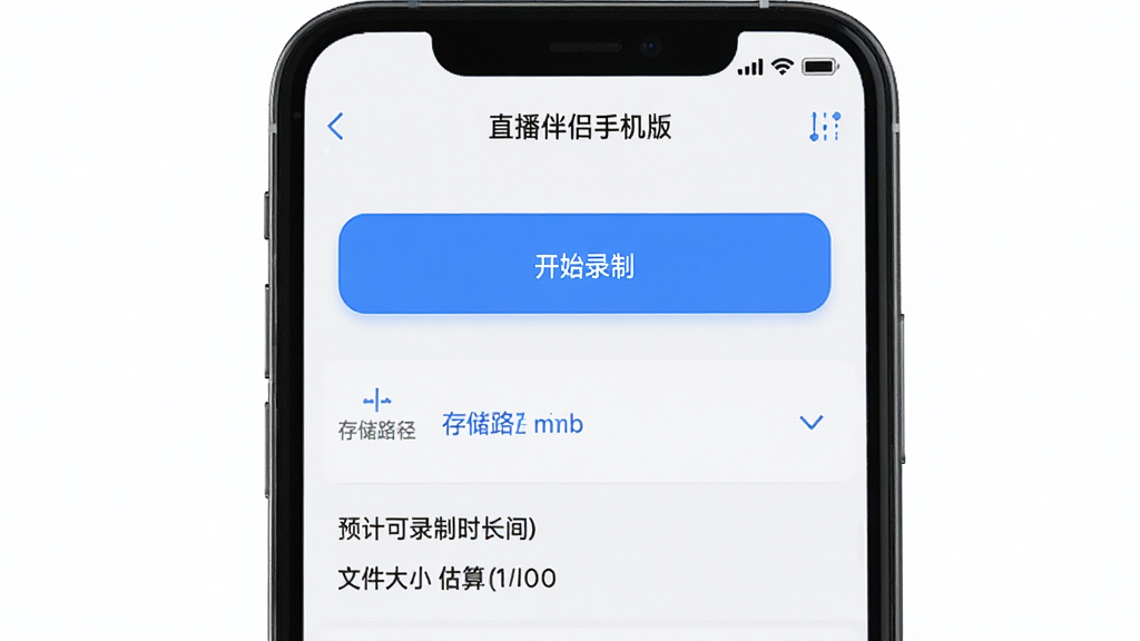 一部手机显示“直播伴侣手机版”的录制设置页面,屏幕中央有开始录制按钮和存储路径选择项,下方显示预计可录制时长和文件大小估算,背景为简洁的白色界面配蓝色强调色,风格干净商务,画质清晰,布局规整
