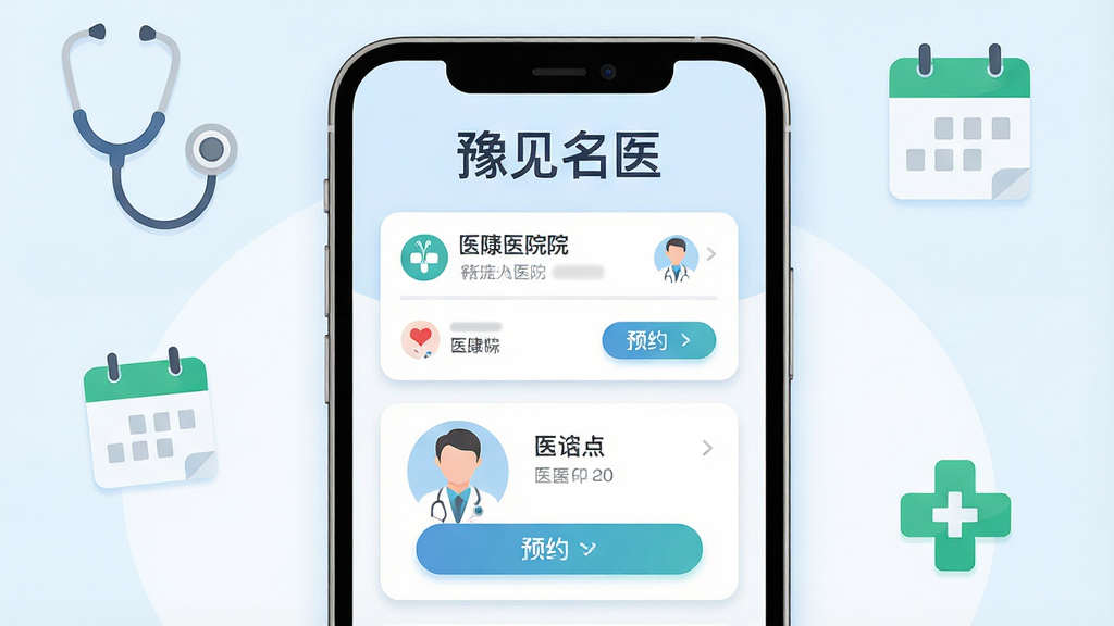 主体为一部竖屏智能手机,屏幕中央显示医疗健康类应用界面,顶部有“豫见名医”四个中文字,界面内包含医院列表卡片、医生头像与预约按钮;布局采用手机居中、背景为浅蓝白色渐变,四周点缀听诊器、日历、绿色十字图标;排版简洁,信息层级清晰;风格为现代扁平化UI插画,色调清爽干净;细节上按钮为圆角矩形、卡片带轻微投影、文字清晰可读;画质高清,画面干净,无多余元素