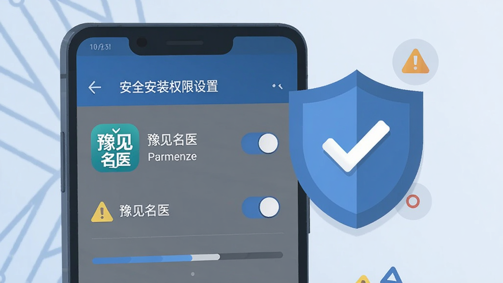 主体为一部安卓手机屏幕特写,画面中显示安装权限设置界面与“豫见名医”应用图标,旁边悬浮一个带对勾的盾牌图标;布局为手机居中偏左、图标元素环绕右侧;排版突出安全提示信息;风格为科技感扁平插画,蓝灰主色调;细节包含权限开关、警示小图标、进度条元素;画质清晰,画面干净,无多余元素