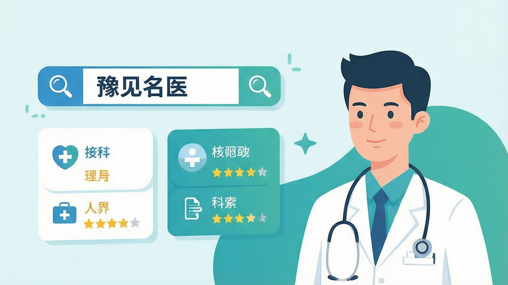 主体为一名穿白大褂的医生半身形象位于画面右侧,左侧为悬浮的搜索框与科室标签列表,搜索框内写有“豫见名医”字样;布局左右分栏、视觉重心偏向搜索交互;排版以卡片式信息块排列;风格为清爽医疗主题扁平插画,主色为蓝绿搭配;细节包含放大镜图标、科室小图标、星级评分元素;画质清晰,画面干净,无多余元素