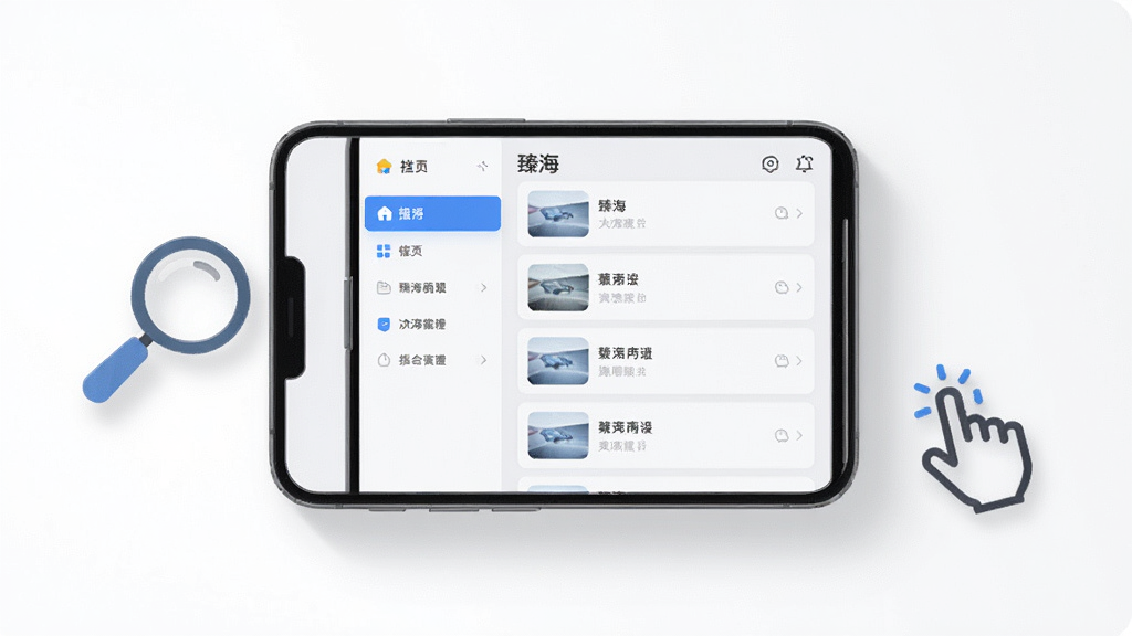 画面中央为一部手机展示“臻海”应用界面,界面采用浅色卡片式布局,左侧为功能菜单栏,右侧为内容列表,界面元素简洁;手机旁边放置一个放大镜图标与手指点击图标;布局为左右均衡构图;风格为清新简约UI展示风;细节包括白色背景、浅灰卡片、蓝色强调色、柔和阴影;画质清晰,干净,无多余元素