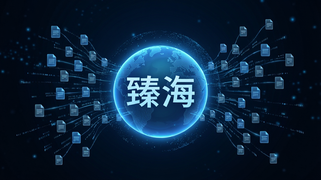 画面主体为一个发光的蓝色球体位于中央,球体表面浮现“臻海”字样,球体周围有大量细小的文件图标与数据流线条被吸入球体,形成聚合效果;布局为居中对称构图;风格为科技感数据可视化风格;细节包括深色背景、蓝色光晕、粒子效果、线条流动感;画质清晰,干净,无多余元素