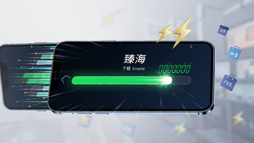 画面中央为一部手机横向放置,屏幕显示“臻海”下载进度条界面,进度条呈亮绿色快速推进,手机后方有速度线效果与闪电符号,周围环绕数据包图标;布局为横向动态构图;风格为动感科技风;细节包括深色渐变背景、速度线拖尾、发光进度条、数字跳动效果;画质清晰,干净,无多余元素