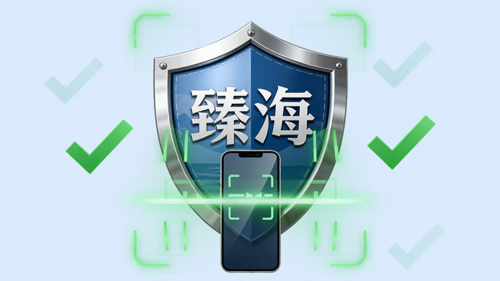 画面主体为一个盾牌图标位于中央,盾牌上印有“臻海”字样,盾牌前方有一部手机,盾牌周围环绕绿色勾选标记与扫描光线;布局为居中防护型构图;风格为安全防护类视觉风格;细节包括浅蓝色背景、盾牌金属质感、绿色光效、扫描线动画感;画质清晰,干净,无多余元素