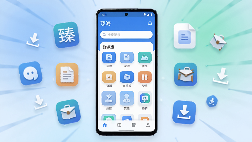 画面中央为一部竖屏安卓手机,手机屏幕显示“臻海”应用主界面,界面采用蓝白配色,顶部有搜索框,中部为资源分类图标网格,底部为导航栏;手机周围环绕漂浮着应用图标、文档图标、压缩包图标与下载箭头符号,布局呈放射状;风格为现代扁平化科技风,细节包括柔和的渐变背景、轻微的投影与高光、图标边缘圆润;画质清晰,干净,无多余元素