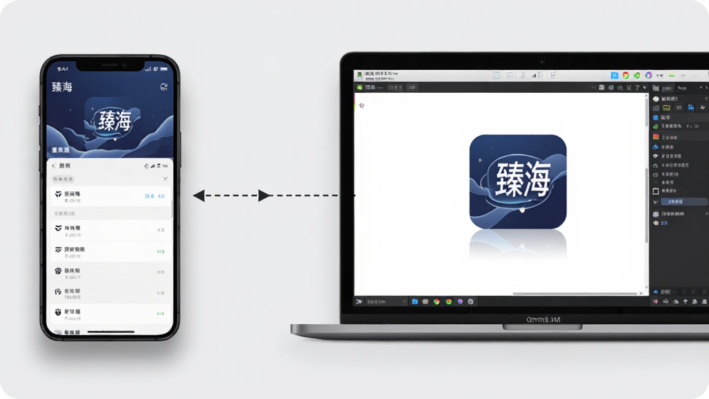 画面中央为一部手机与一台笔记本电脑并排摆放,手机屏幕显示“臻海”下载列表界面,电脑屏幕显示安卓模拟器运行同一应用,两者之间用虚线连接表示同步;布局为左右对比构图;风格为数码产品展示风;细节包括浅灰背景、设备投影、界面清晰可辨、连接虚线带箭头;画质清晰,干净,无多余元素
