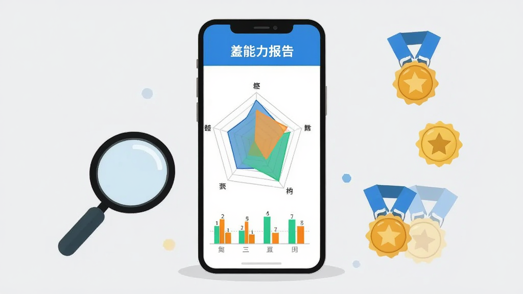 左右脑益智乐园能力档案页面预览图,画面主体为一部手机展示雷达图与柱状图组合的能力报告界面,图表配色为蓝橙绿三色,手机旁放置一个放大镜与几枚奖章图标,布局居中,风格为清爽扁平化插画,浅灰背景,画质干净,无多余元素