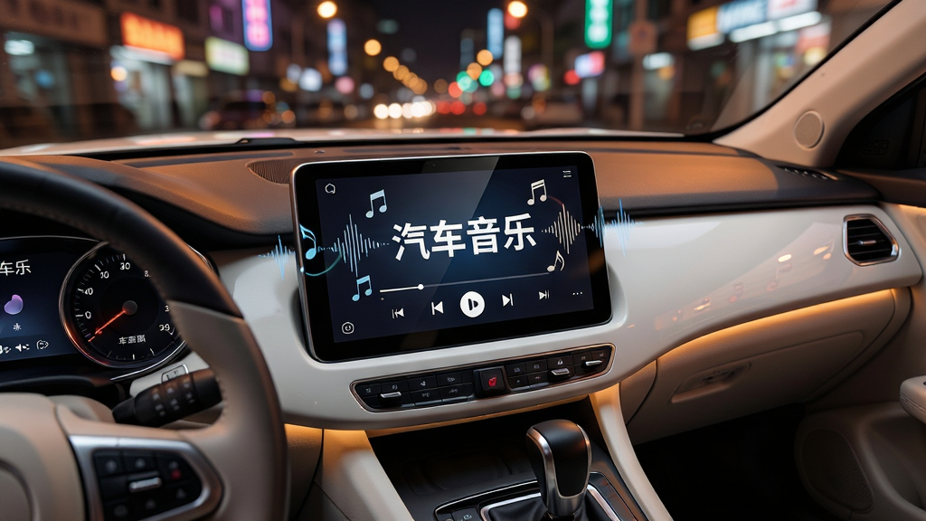 画面主体为一辆停在城市夜景中的白色家用轿车,中控屏幕亮起显示音乐播放界面,界面中央有「汽车音乐」四个中文字样,屏幕周围环绕流动的音符与声波线条;布局为车内视角略微俯拍中控台,方向盘与挡把位于画面下方,车窗外是虚化的霓虹街景;排版上软件界面居中,标题文字清晰醒目;风格为写实科技感与温暖夜色调融合,细节包含屏幕反光、按键纹理、氛围灯带;画质为高清4K,干净无多余元素,无杂乱贴纸与无关图标。