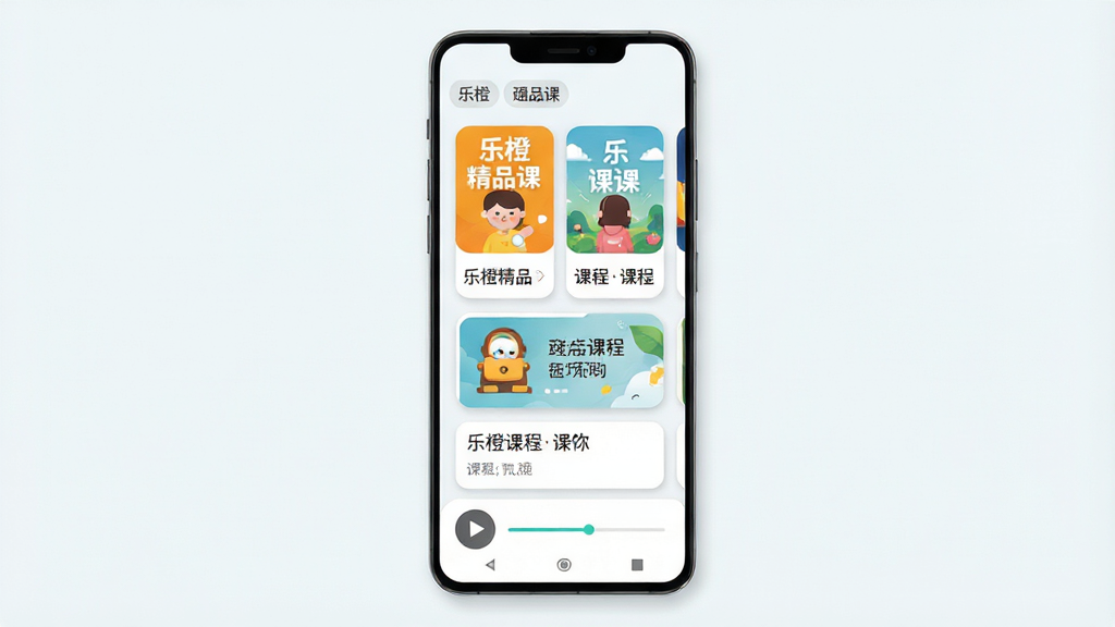 手机屏幕中展示在线课程列表界面,画面主体为一部竖屏安卓手机,布局居中,手机上方有课程封面缩略图与分类标签,下方为播放按钮与进度条,风格为清新简约的扁平化设计,细节包括课程卡片圆角、柔和阴影与浅色背景,画质清晰干净,无多余元素,画面中呈现文字“乐橙精品课”