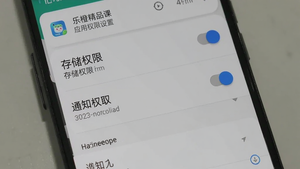 手机屏幕显示应用权限设置页面,主体为安卓系统设置界面,布局为权限列表纵向排列,风格为简洁系统UI风格,细节包括存储权限开关、通知权限开关与灰色背景,画质清晰干净,无多余元素,画面中呈现文字“乐橙精品课”