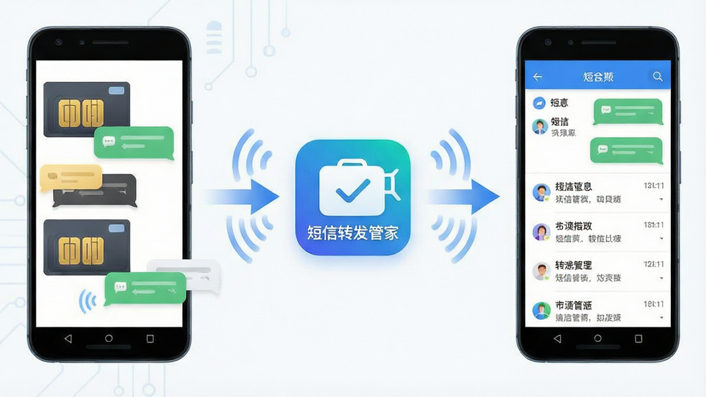 一张展示安卓手机短信自动转发流程的概念图,画面中央是“短信转发管家”应用图标,左侧为多张SIM卡与短信气泡,右侧为另一台手机接收消息,中间用箭头连接表示转发路径,整体布局清晰对称,风格简洁科技感,细节包含信号波纹与消息列表,画质干净高清,无多余元素