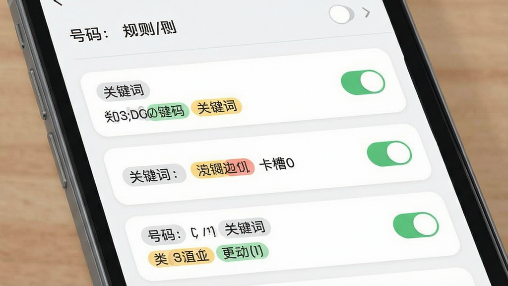 一张展示“短信转发管家”规则设置界面的示意图,画面主体为手机屏幕,屏幕内呈现多条转发规则卡片,卡片上标注“号码”“关键词”“卡槽”等条件标签,布局为纵向列表排版,风格清爽扁平化,细节包含开关按钮与彩色条件标签,画质干净清晰,无多余元素