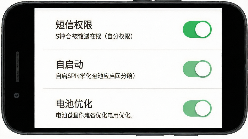 一张展示安卓手机权限设置界面的示意图,画面主体为手机屏幕,屏幕内呈现“短信权限”“自启动”“电池优化”三个设置项开关,布局为纵向列表,风格简洁明快,细节包含绿色开启状态与提示文字,画质干净清晰,无多余元素