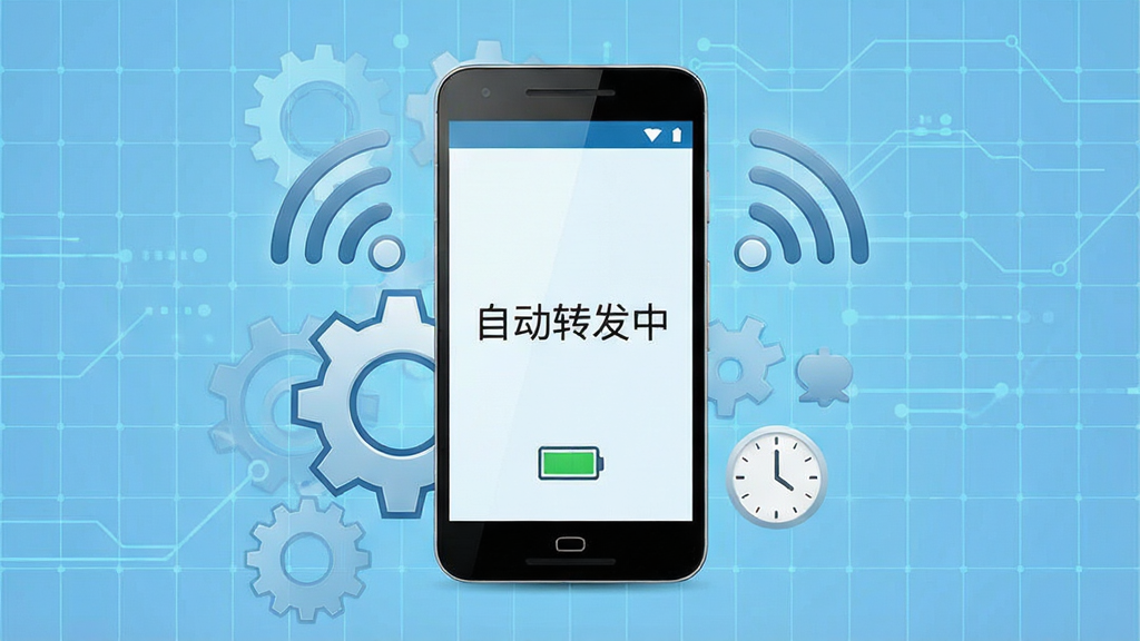 一张表现“短信转发管家”后台稳定运行的概念图,画面主体为安卓手机与齿轮、信号图标组合,手机屏幕显示“自动转发中”状态,背景为淡蓝色科技网格,布局居中突出手机,风格简约商务,细节包含电池与时钟图标象征持续运行,画质干净高清,无多余元素