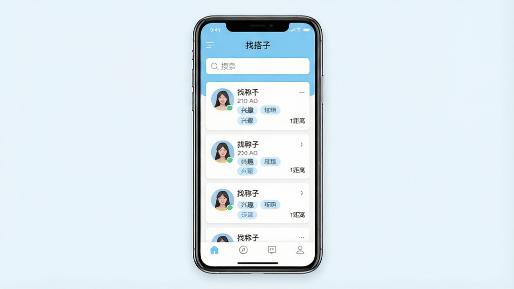 一张手机应用界面展示图,画面中央是一部竖屏智能手机,屏幕内呈现