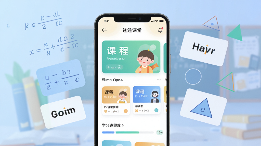 画面中央是一部竖屏智能手机,屏幕内展示途途课堂App的课程首页界面,包含课程卡片与学习进度条,手机两侧漂浮着数学公式、英语单词卡片与几何图形元素,背景为浅蓝色渐变的教育氛围场景,整体采用扁平化插画风格,色彩柔和明亮,细节清晰,构图居中平衡,画质干净高清,无多余杂乱元素