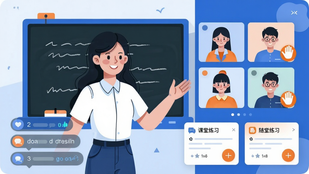 一位年轻老师站在虚拟黑板前进行直播授课,屏幕右侧显示学生头像与举手图标,画面下方有互动弹幕气泡与随堂练习题卡片,整体布局为左右分栏结构,风格为现代在线教育插画,色调以蓝白为主搭配橙色点缀,细节表现清晰,画质干净利落,无多余装饰元素