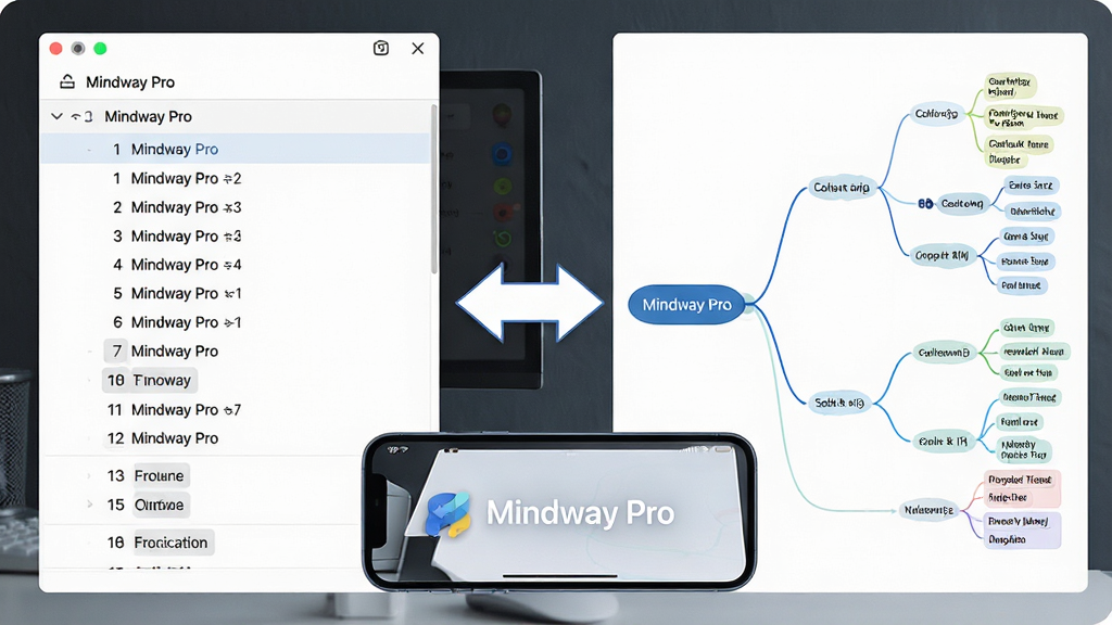 һ��չʾ Mindway Pro ����뵼ͼ˫��ͼͬ�����ܵ�ʾ��ͼ��������������ִ���б����Ҳ��Ƕ�Ӧ��˼ά��ͼ�ṹ���м���˫���ͷ���ӣ��ֻ���Ļ����չʾ�������ע��Mindway Pro������������Ϊ���ҷ��������Ϊ���칫�磬ϸ�ڰ����б�������ڵ����ߣ����ʸ��壬����ɾ����޶���Ԫ��